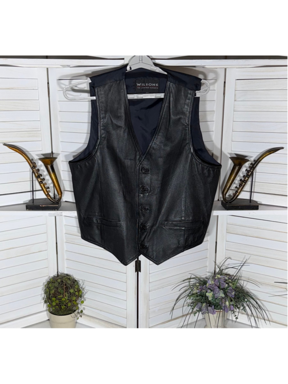 Vintage 90s Wilson real leather black vest button closure pockets biker goth XL